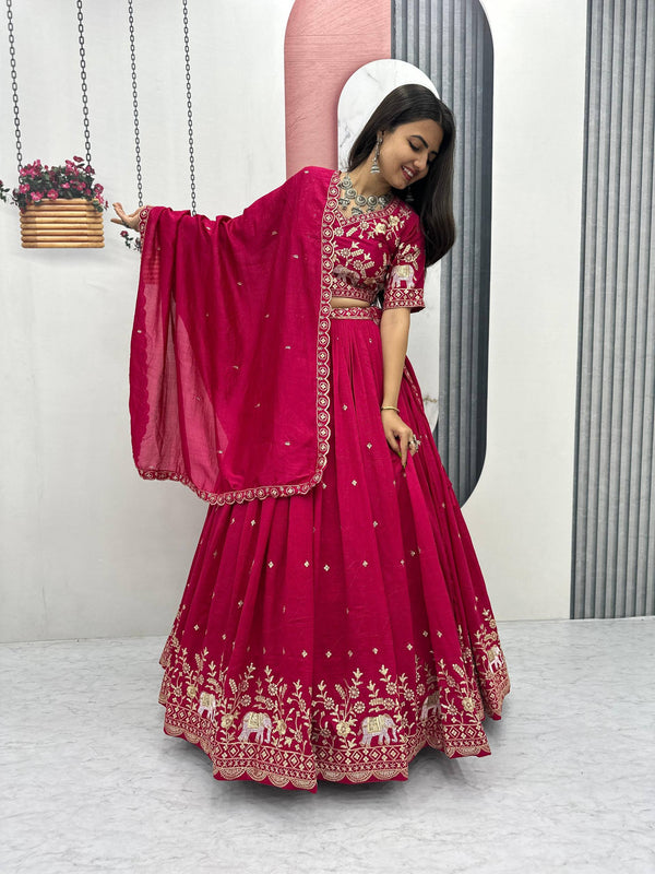 Party Wear Dark Pink Color Thread And Sequence Work Lehenga Choli Set