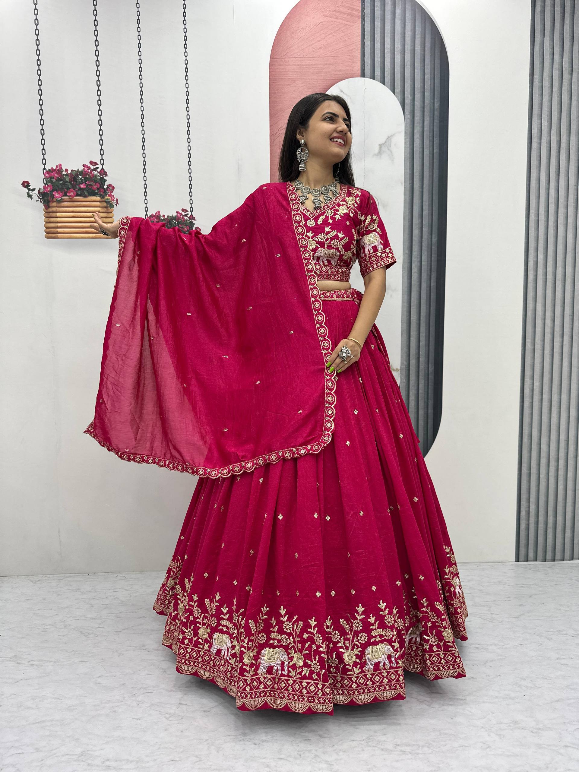 Party Wear Dark Pink Color Thread And Sequence Work Lehenga Choli Set