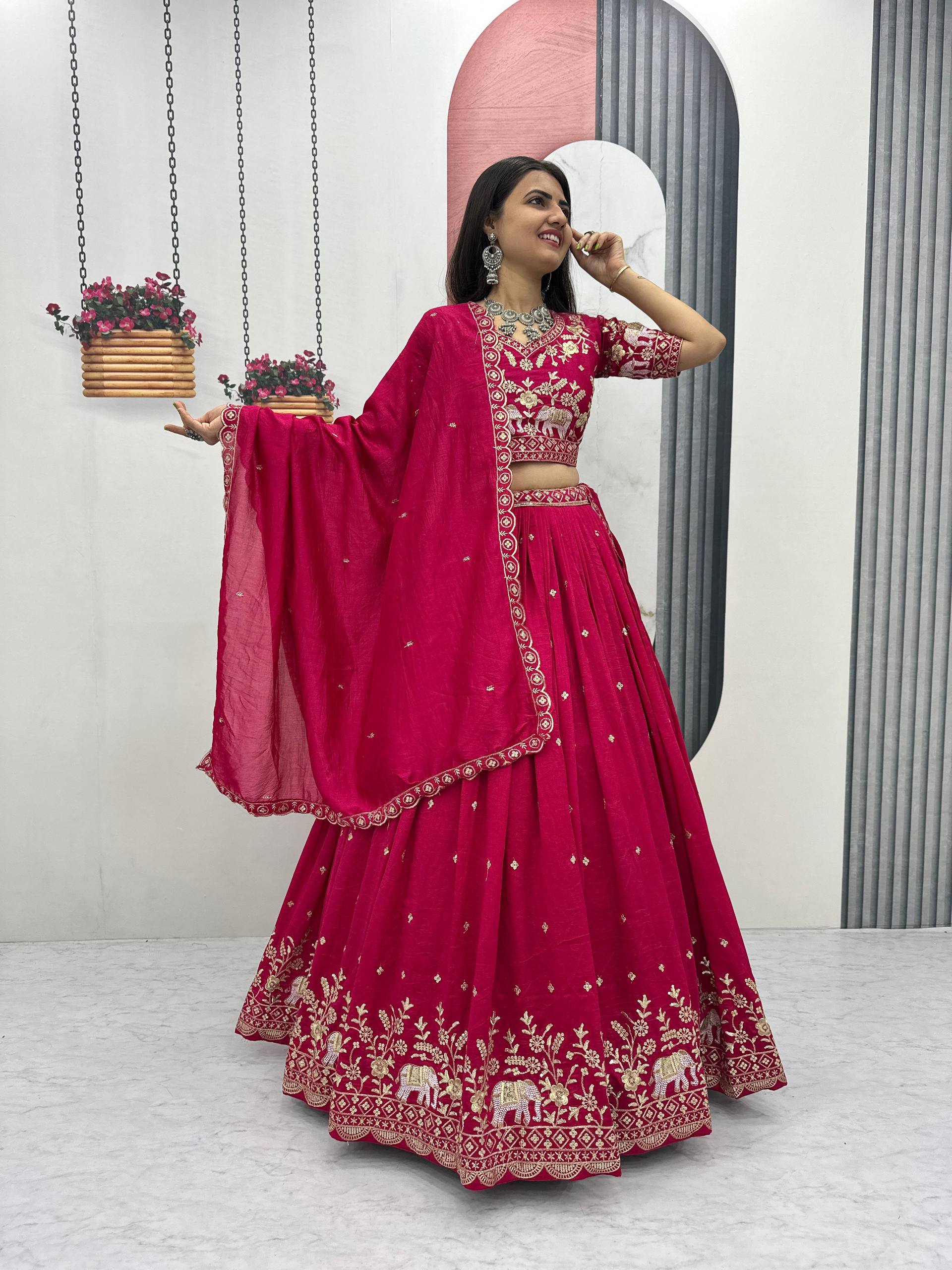 Party Wear Dark Pink Color Thread And Sequence Work Lehenga Choli Set