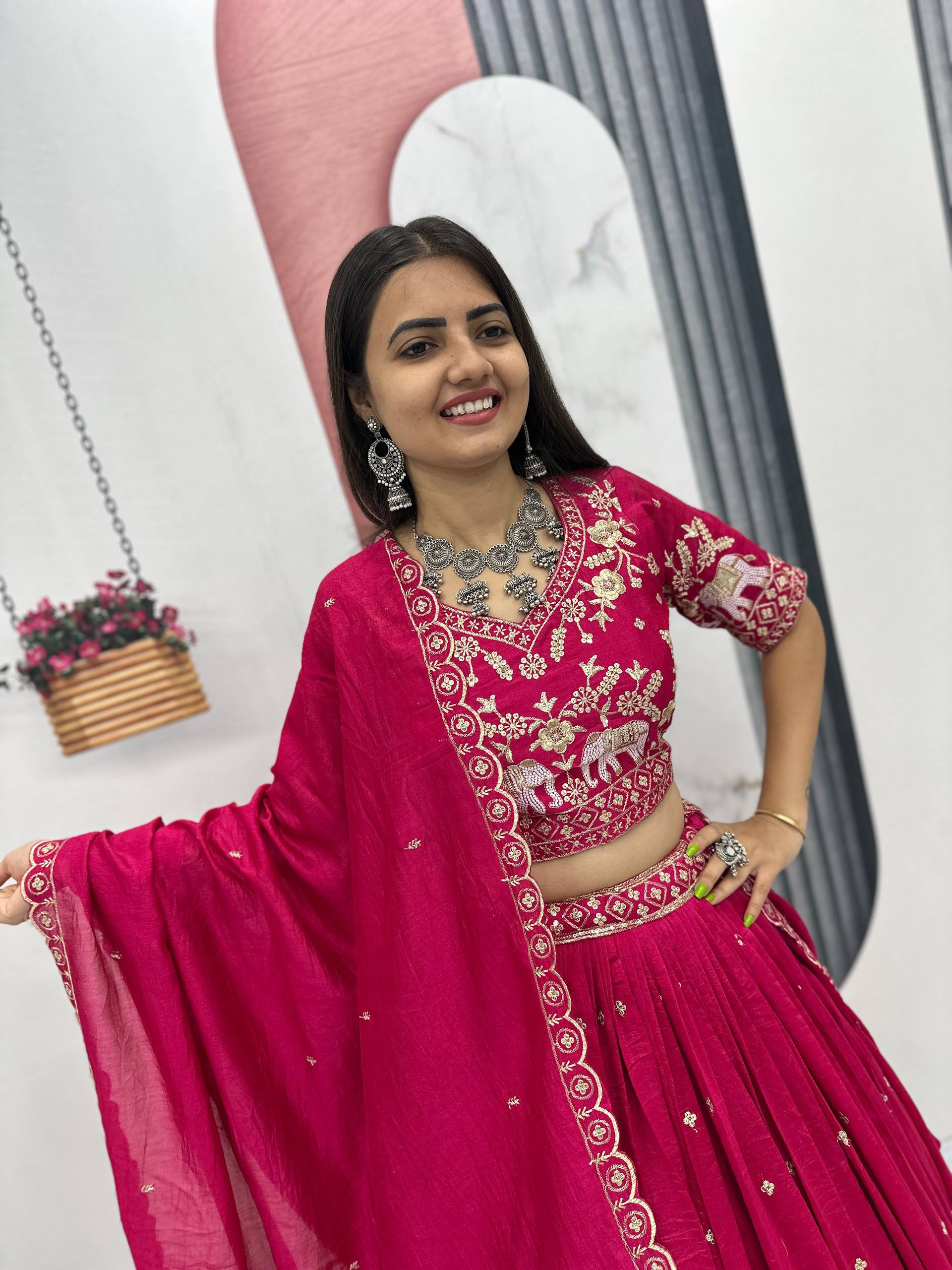 Party Wear Dark Pink Color Thread And Sequence Work Lehenga Choli Set