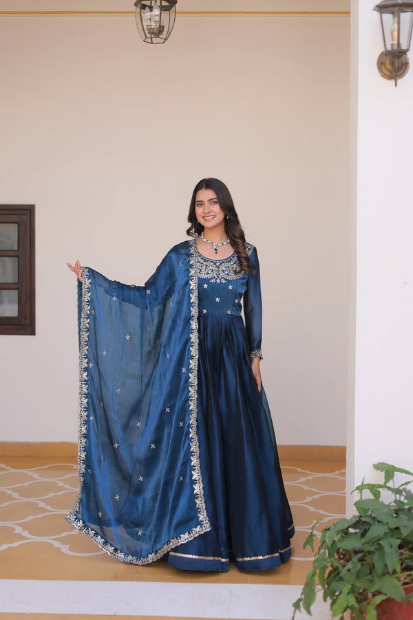 Stylish Teal Blue Color Pure Burberry Silk Heavy Sequence Embroidery Work Designer Gown
