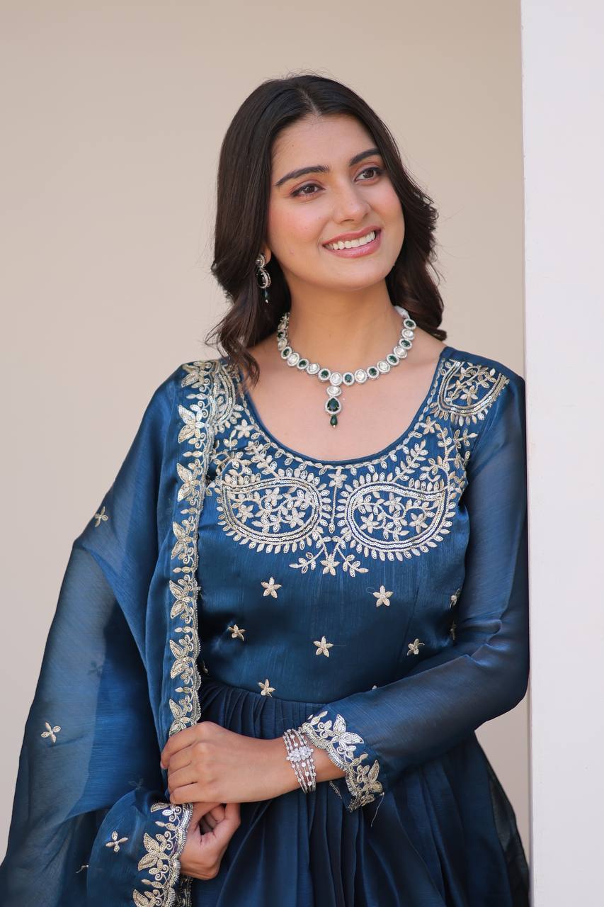 Stylish Teal Blue Color Pure Burberry Silk Heavy Sequence Embroidery Work Designer Gown