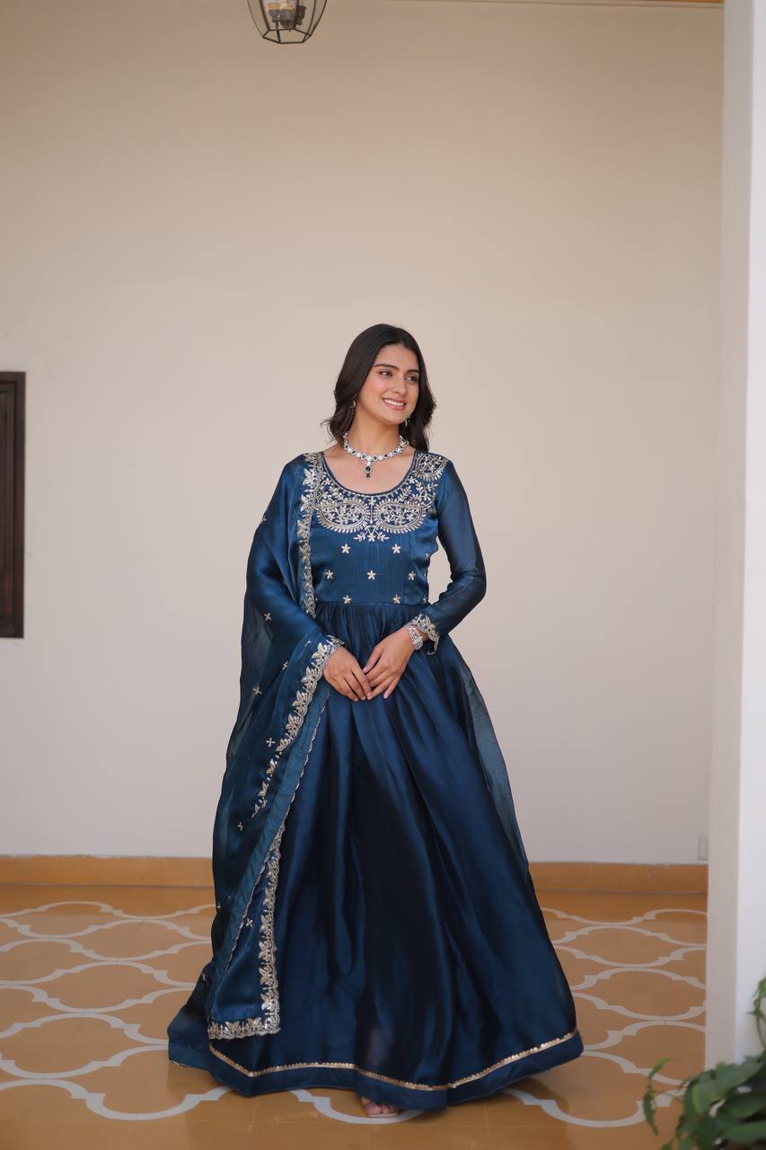 Stylish Teal Blue Color Pure Burberry Silk Heavy Sequence Embroidery Work Designer Gown
