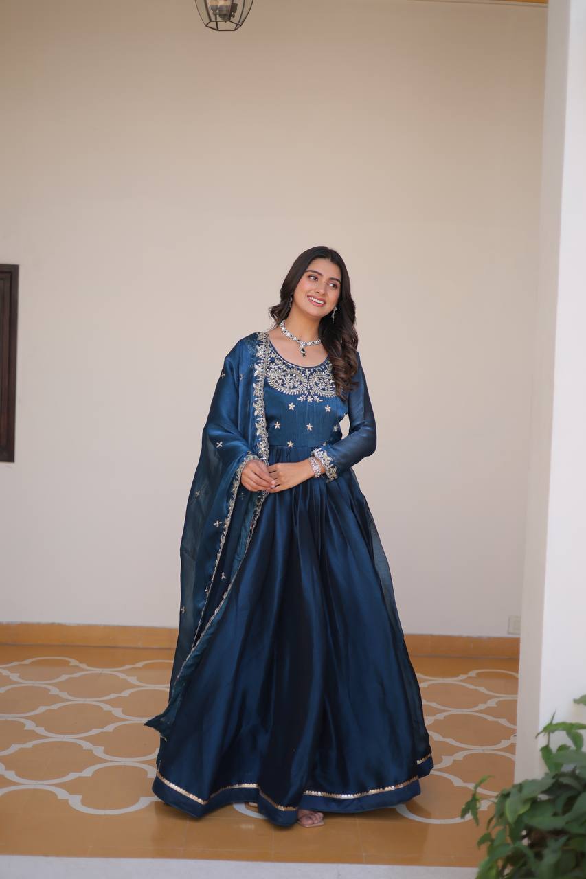 Stylish Teal Blue Color Pure Burberry Silk Heavy Sequence Embroidery Work Designer Gown