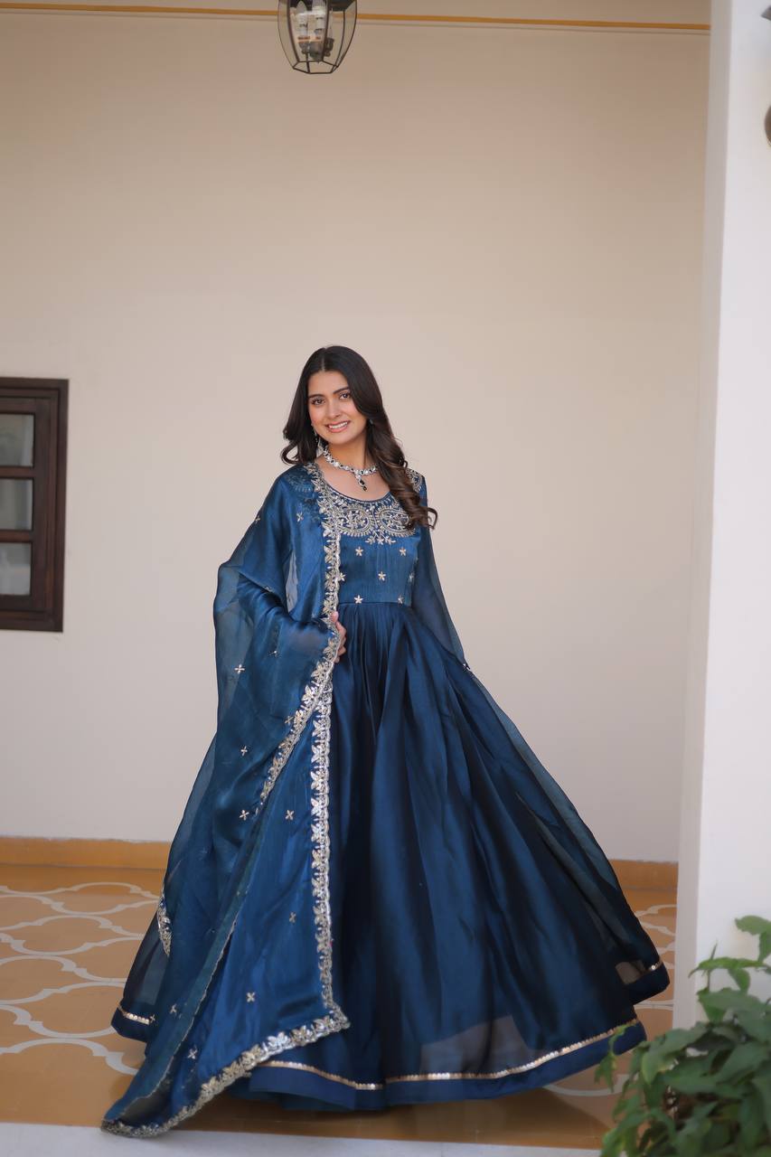 Stylish Teal Blue Color Pure Burberry Silk Heavy Sequence Embroidery Work Designer Gown