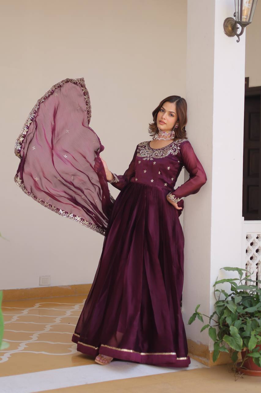 Stylish Wine Color Pure Burberry Silk Heavy Sequence Embroidery Work Designer Gown