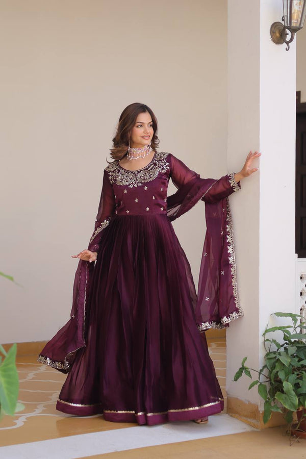 Stylish Wine Color Pure Burberry Silk Heavy Sequence Embroidery Work Designer Gown
