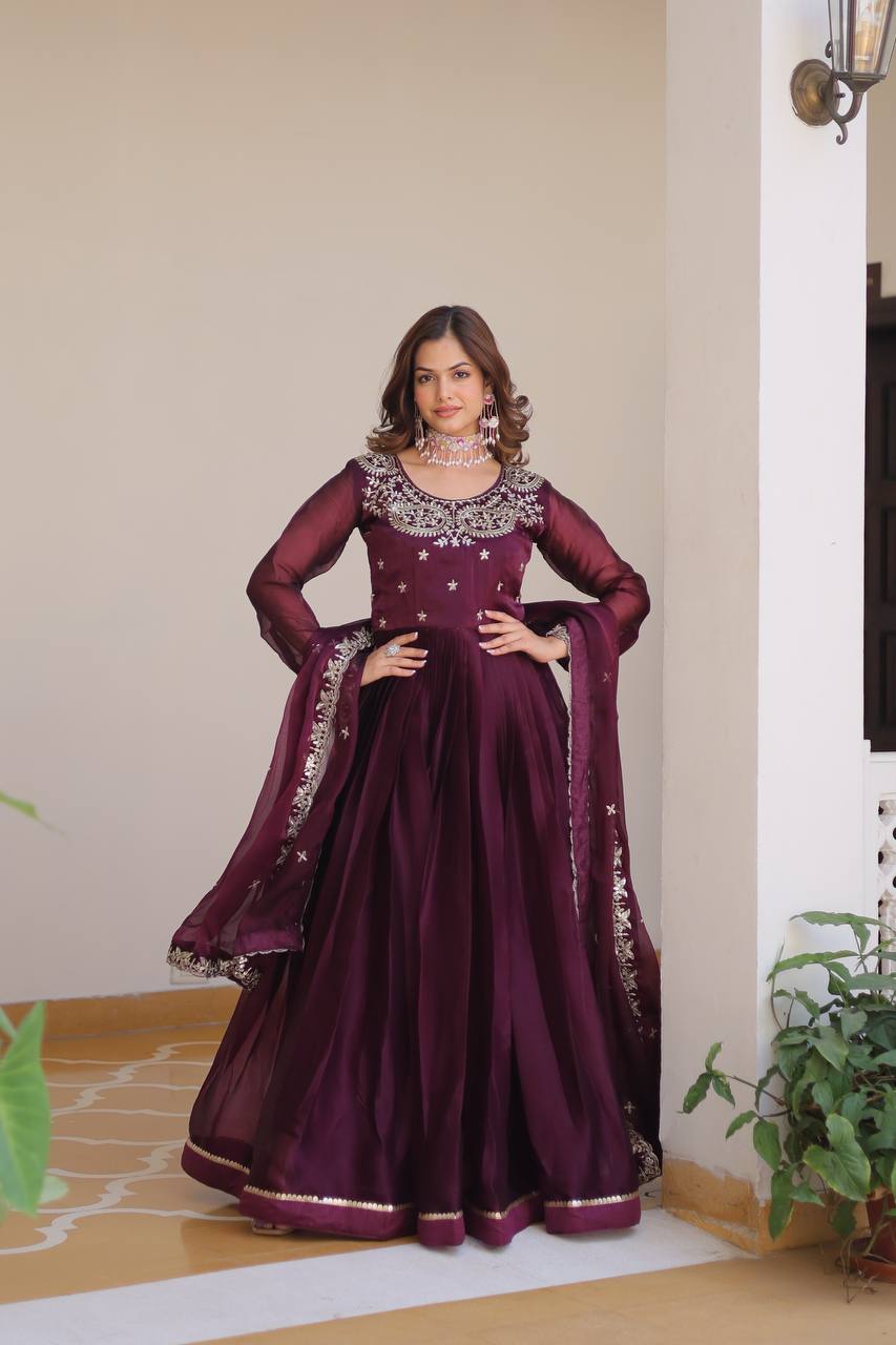 Stylish Wine Color Pure Burberry Silk Heavy Sequence Embroidery Work Designer Gown