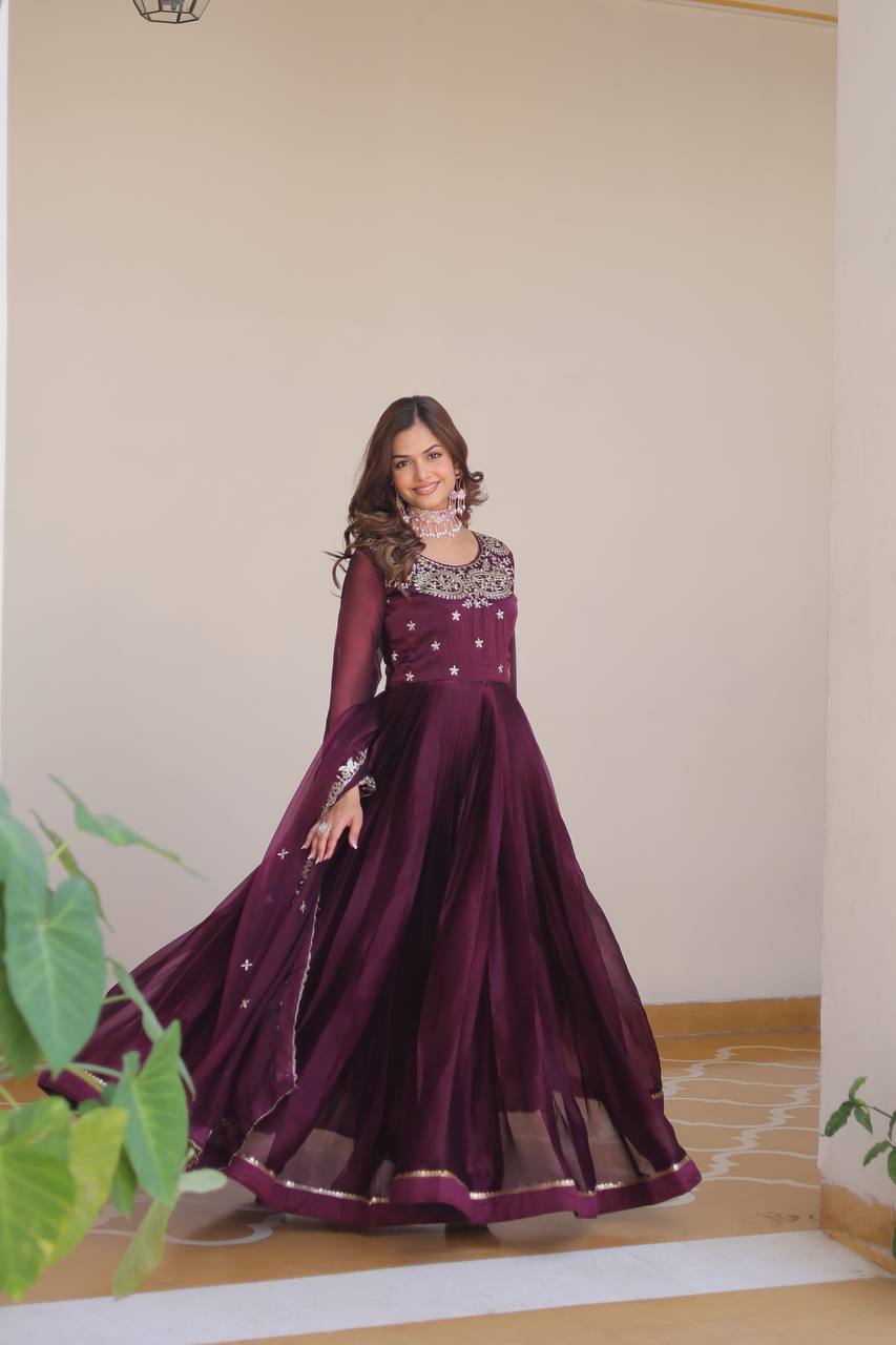 Stylish Wine Color Pure Burberry Silk Heavy Sequence Embroidery Work Designer Gown