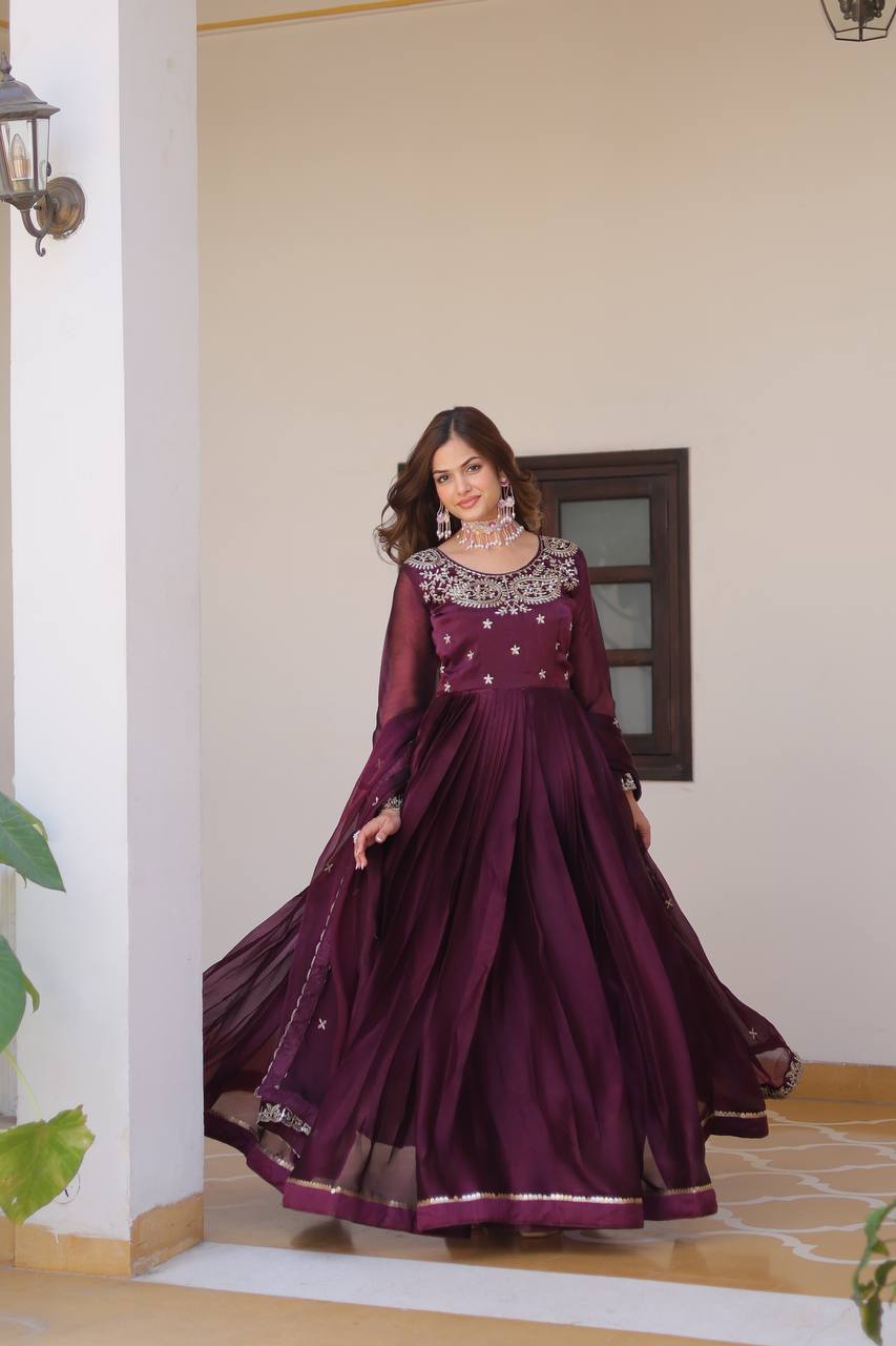 Stylish Wine Color Pure Burberry Silk Heavy Sequence Embroidery Work Designer Gown