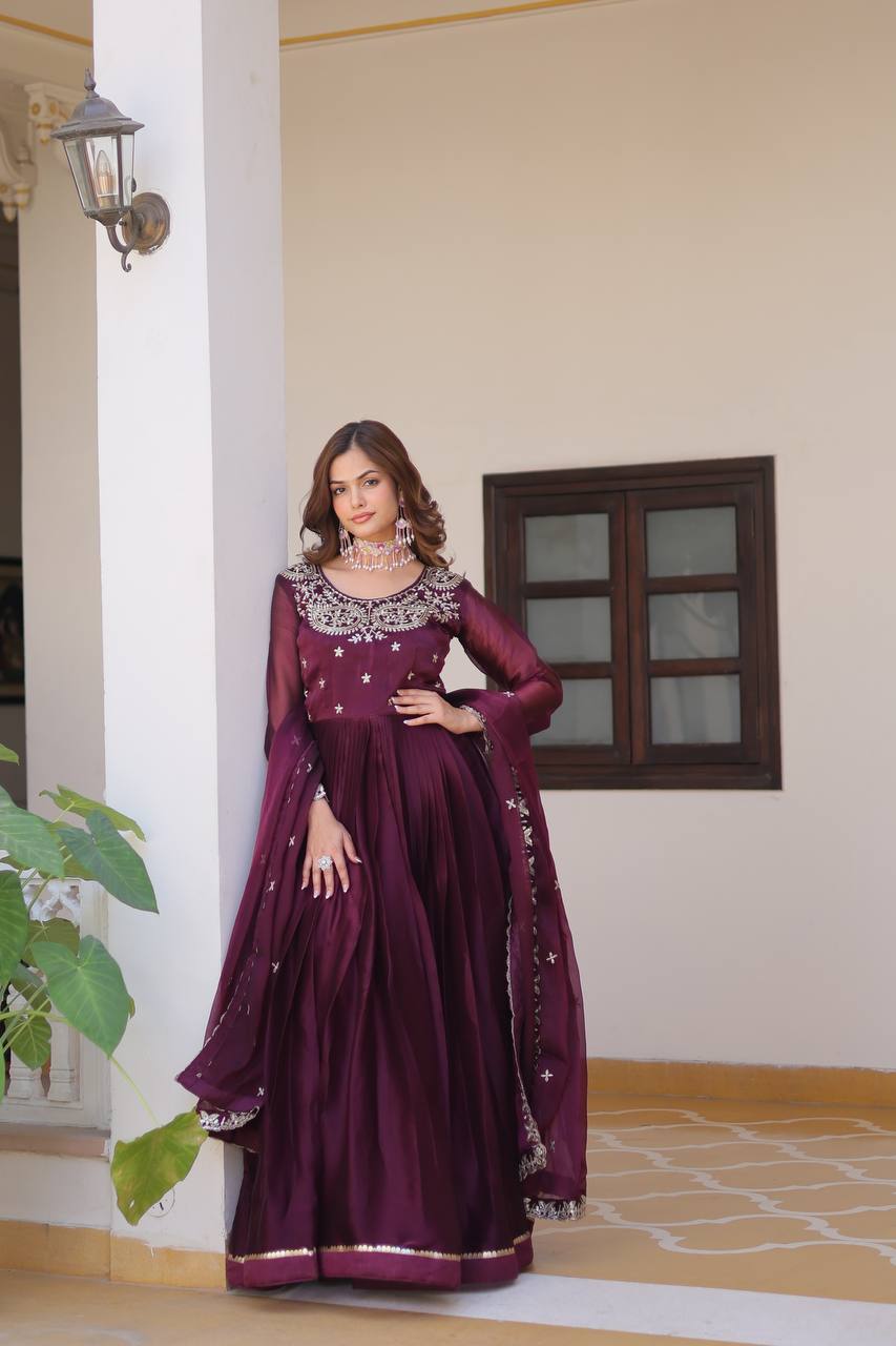 Stylish Wine Color Pure Burberry Silk Heavy Sequence Embroidery Work Designer Gown