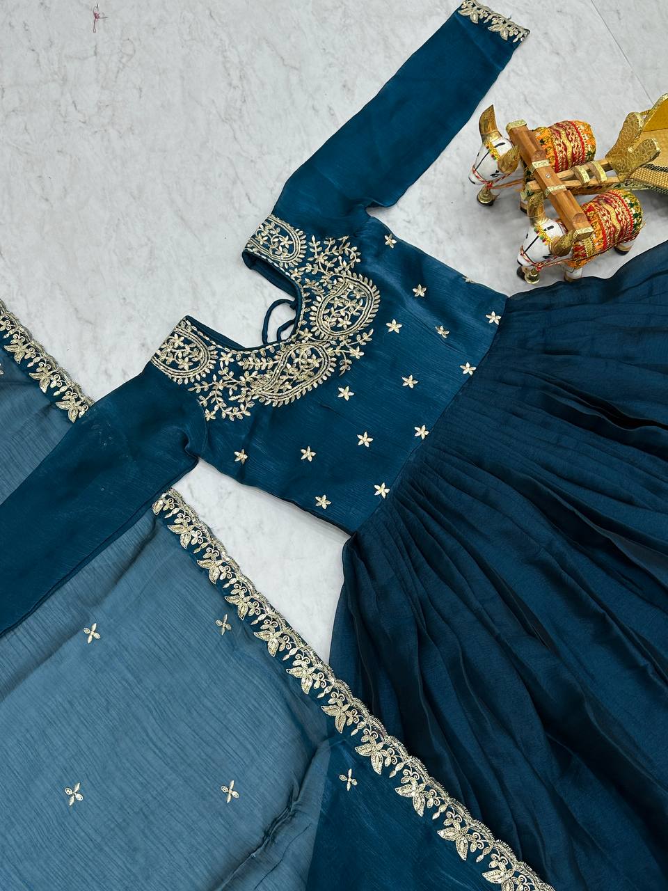 Stylish Teal Blue Color Pure Burberry Silk Heavy Sequence Embroidery Work Designer Gown