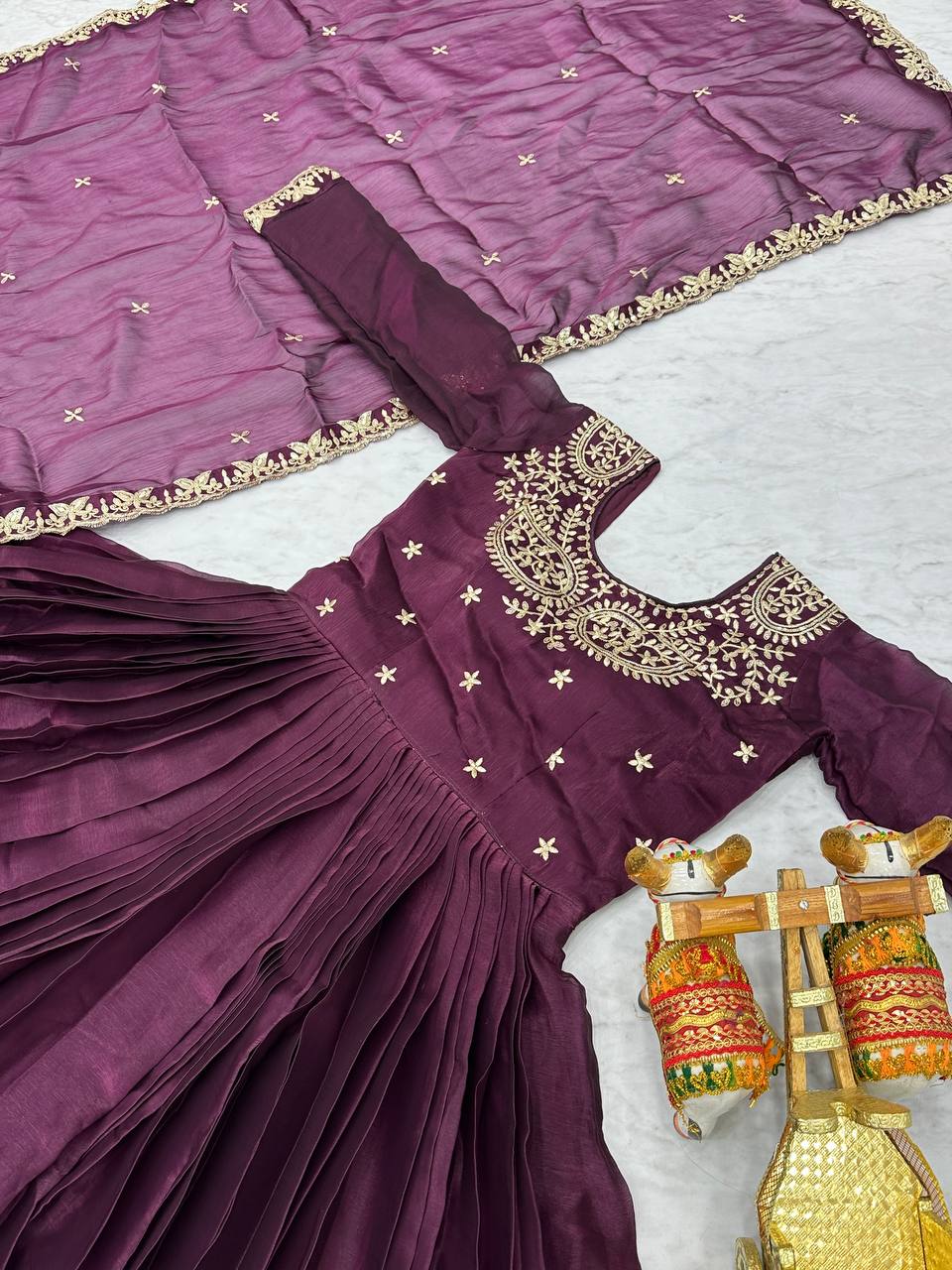 Stylish Wine Color Pure Burberry Silk Heavy Sequence Embroidery Work Designer Gown