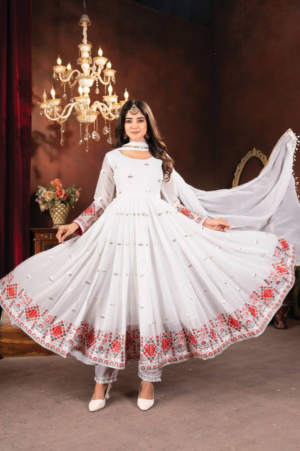 Fancy White Color Faux Blooming With Heavy Sequins And Thread Embroidered Work Anarkali Suit