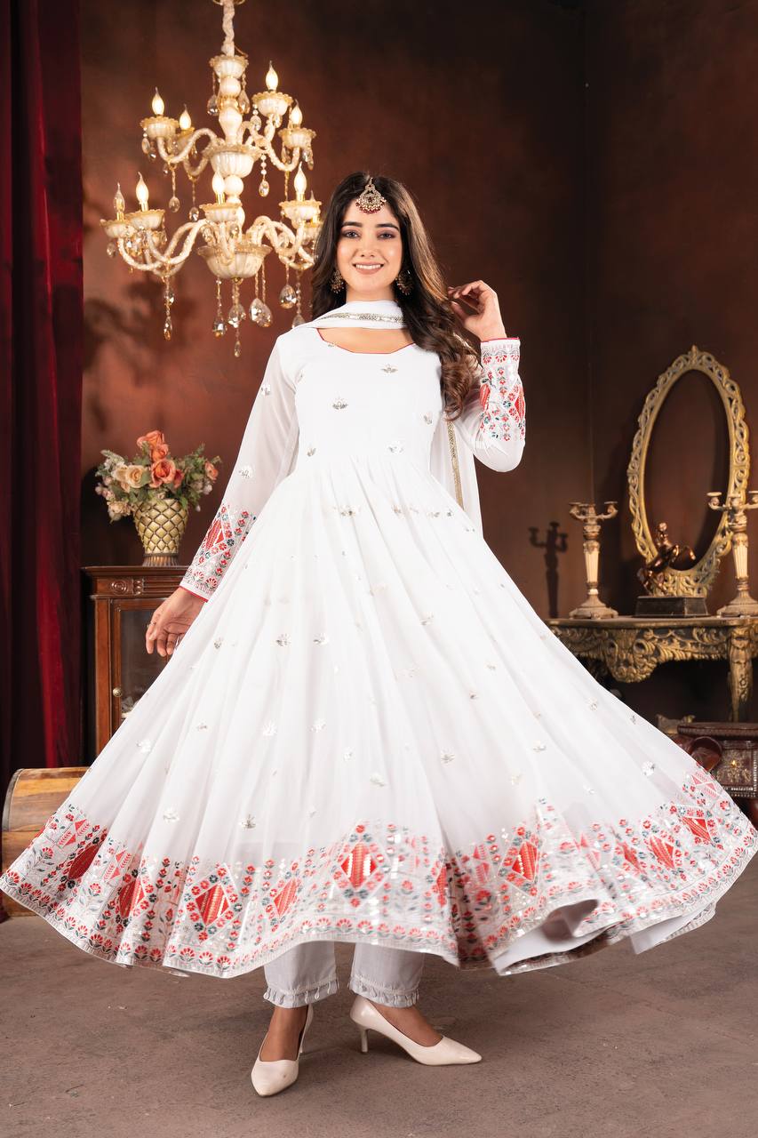 Fancy White Color Faux Blooming With Heavy Sequins And Thread Embroidered Work Anarkali Suit