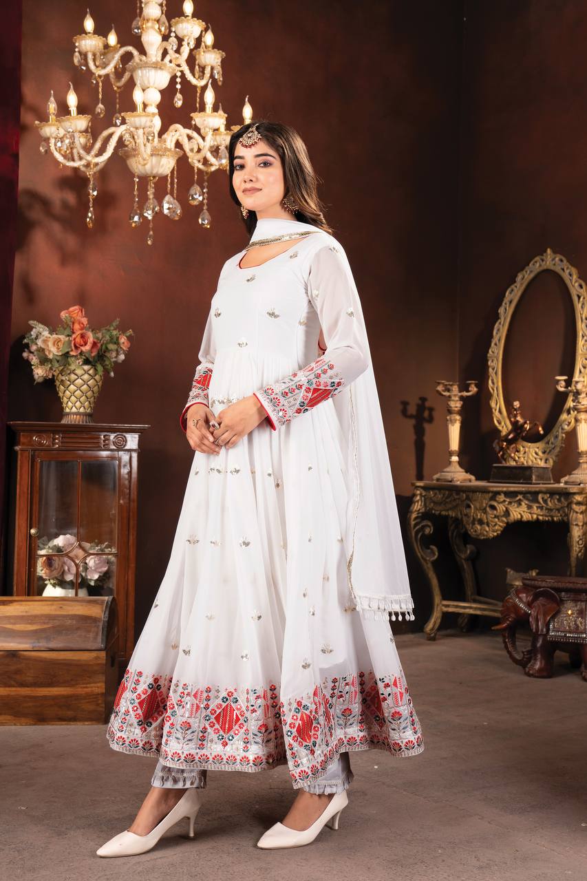 Fancy White Color Faux Blooming With Heavy Sequins And Thread Embroidered Work Anarkali Suit