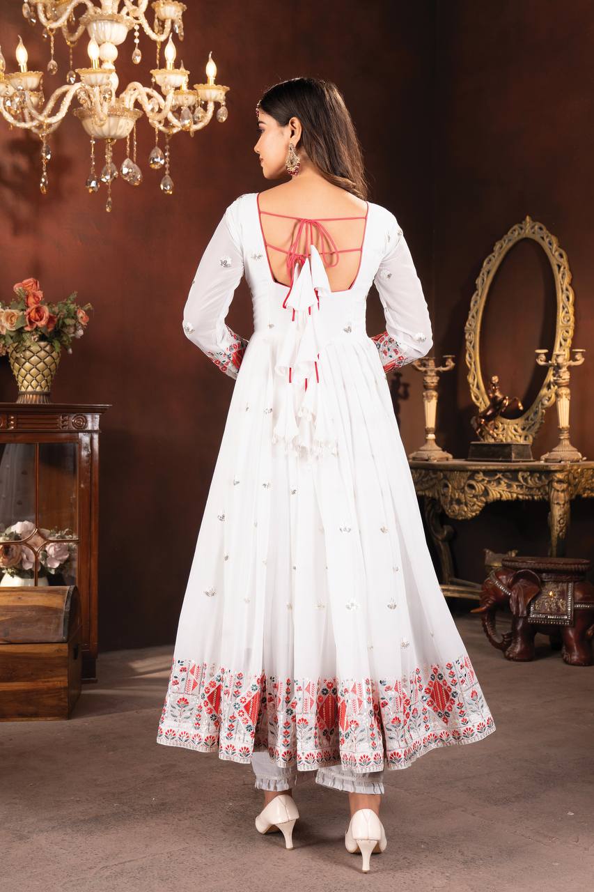 Fancy White Color Faux Blooming With Heavy Sequins And Thread Embroidered Work Anarkali Suit