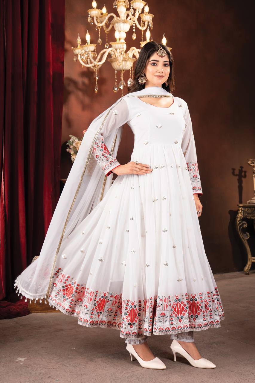 Fancy White Color Faux Blooming With Heavy Sequins And Thread Embroidered Work Anarkali Suit