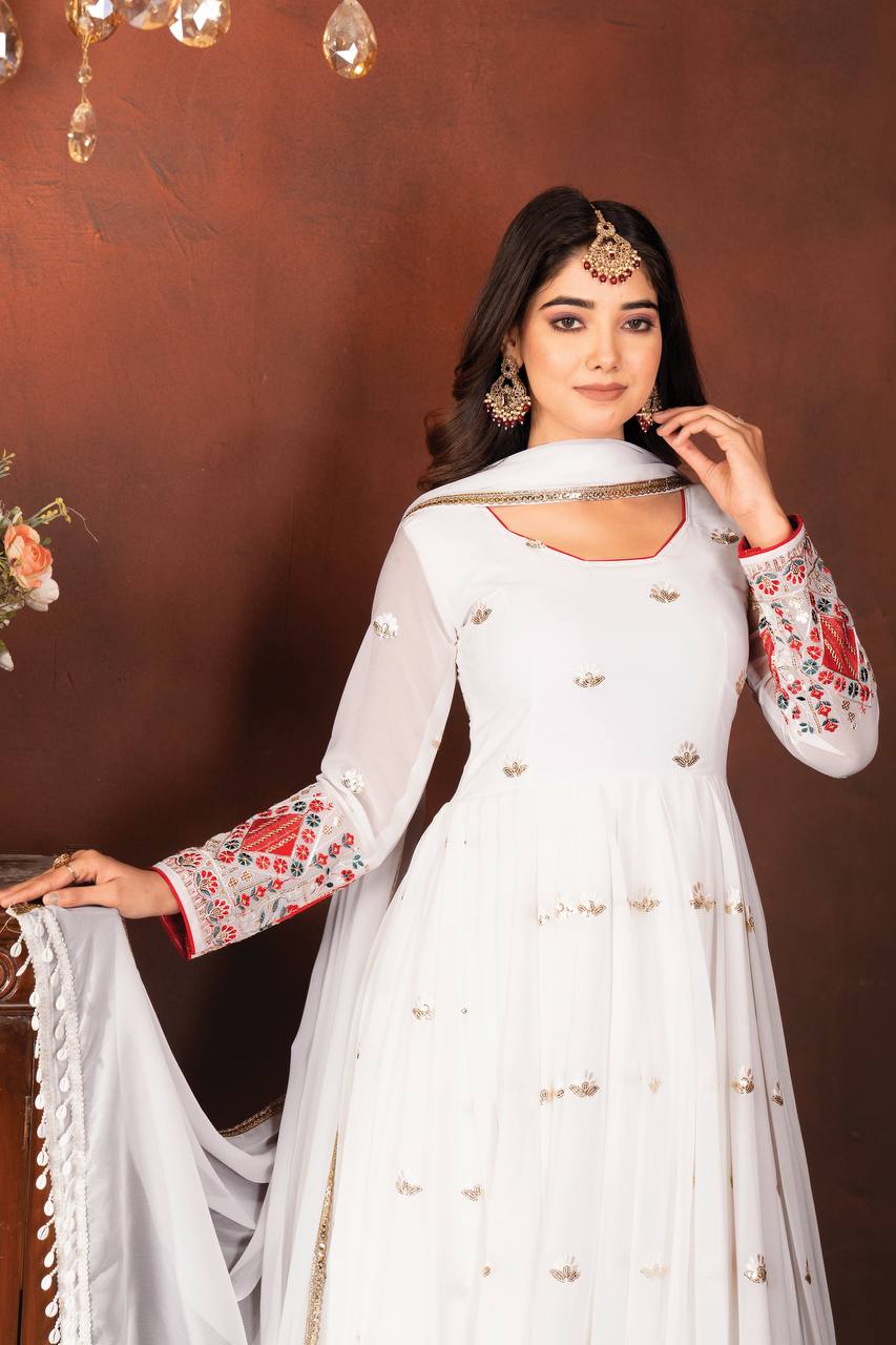 Fancy White Color Faux Blooming With Heavy Sequins And Thread Embroidered Work Anarkali Suit