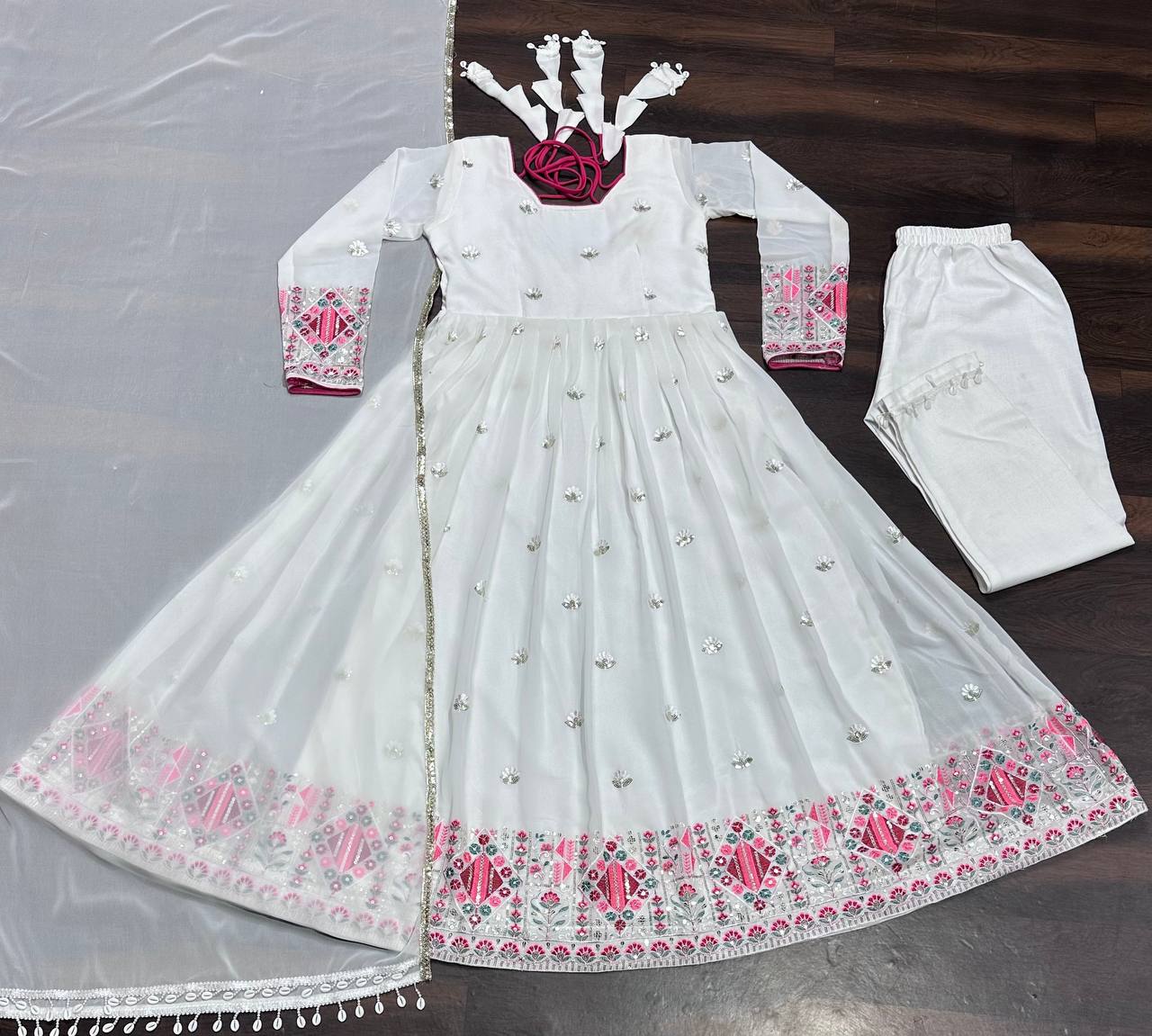 Fancy White Color Faux Blooming With Heavy Sequins And Thread Embroidered Work Anarkali Suit