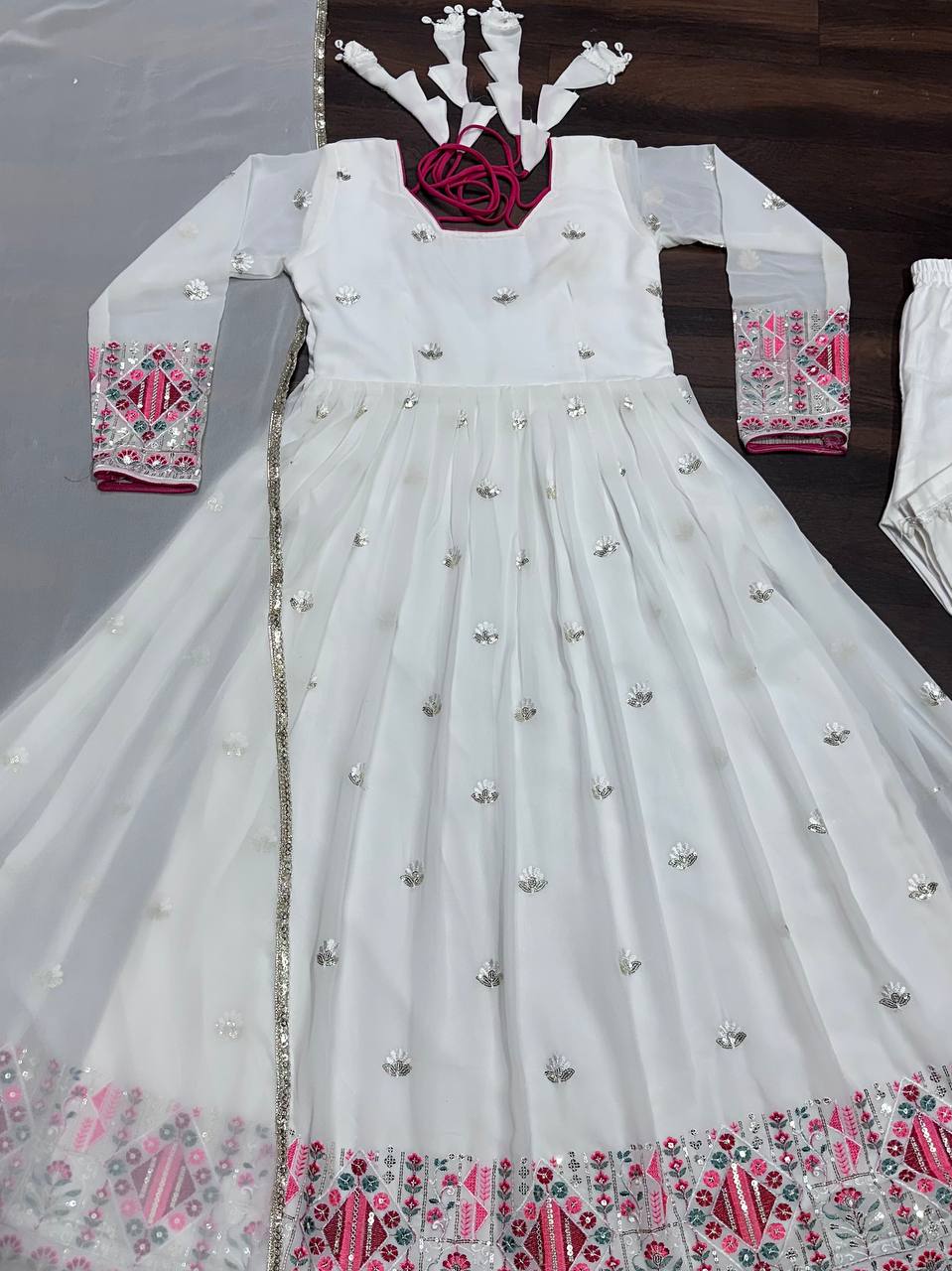 Fancy White Color Faux Blooming With Heavy Sequins And Thread Embroidered Work Anarkali Suit