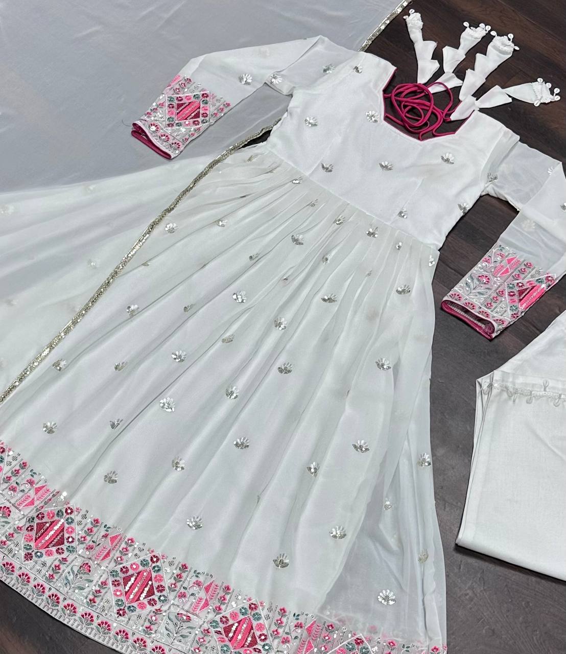 Fancy White Color Faux Blooming With Heavy Sequins And Thread Embroidered Work Anarkali Suit