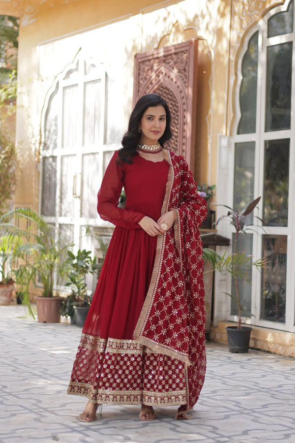 Reception Wear Maroon Color Faux Blooming With Embroidery Zari Sequins Work Designer Gown