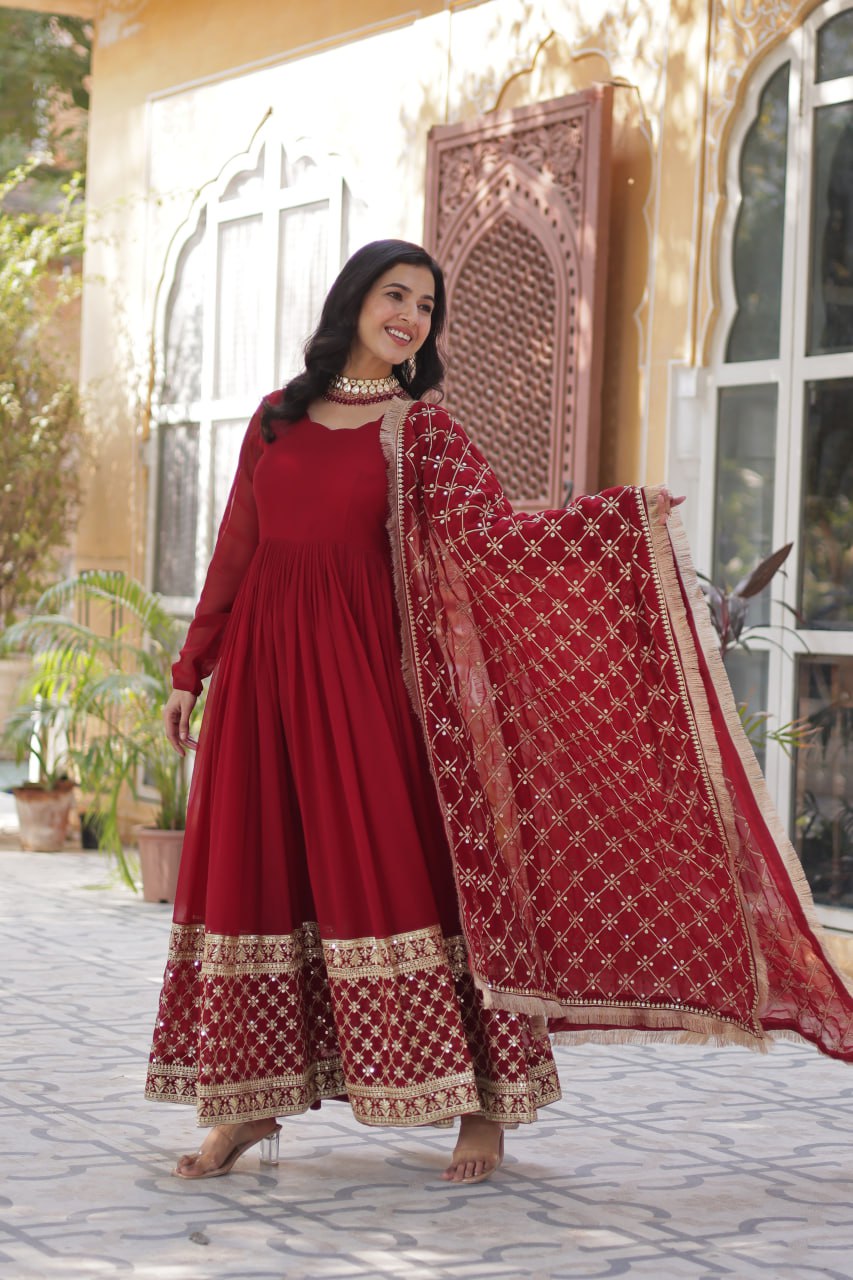 Reception Wear Maroon Color Faux Blooming With Embroidery Zari Sequins Work Designer Gown