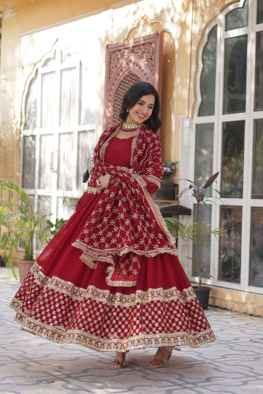 Reception Wear Maroon Color Faux Blooming With Embroidery Zari Sequins Work Designer Gown