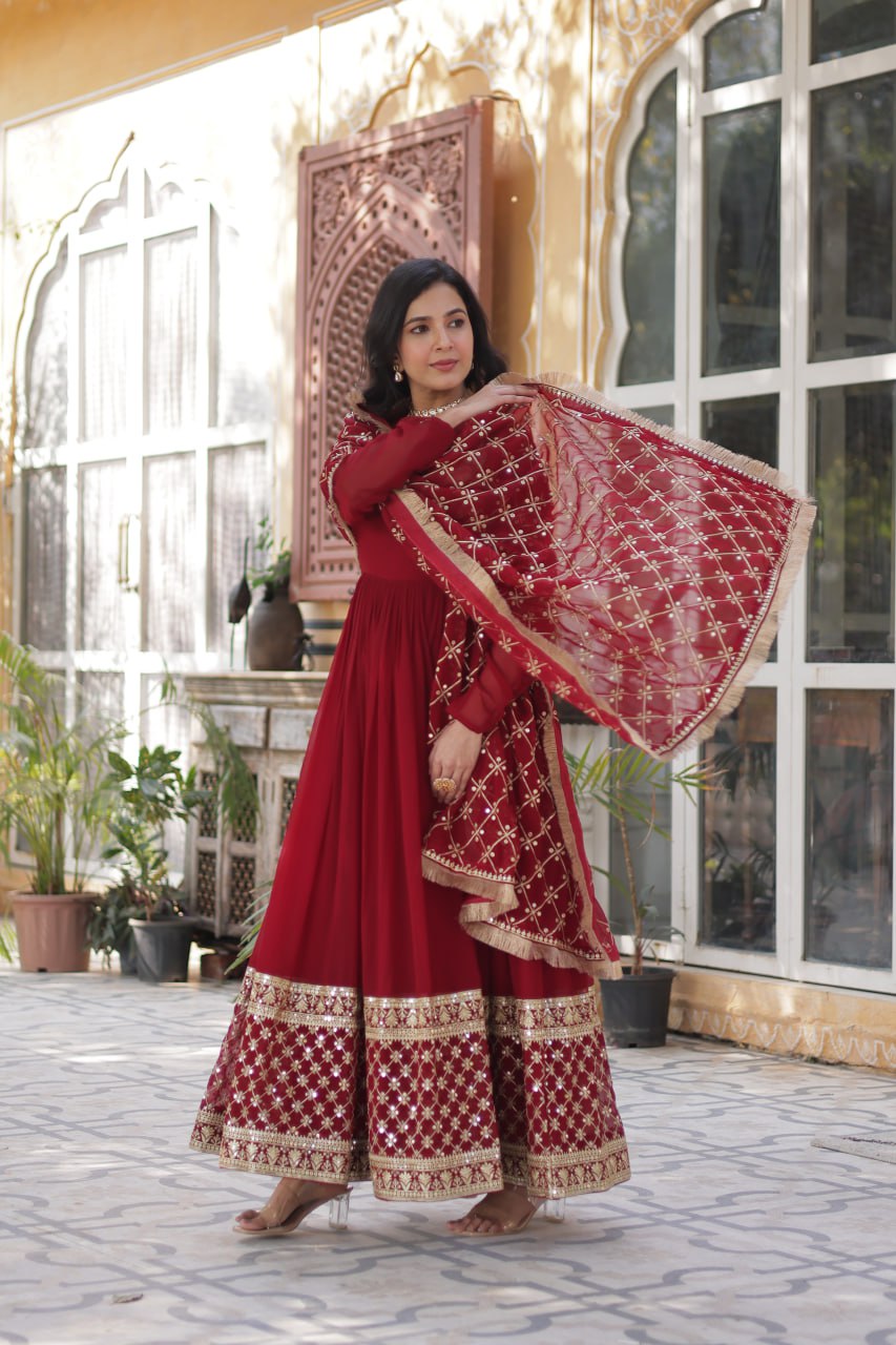 Reception Wear Maroon Color Faux Blooming With Embroidery Zari Sequins Work Designer Gown