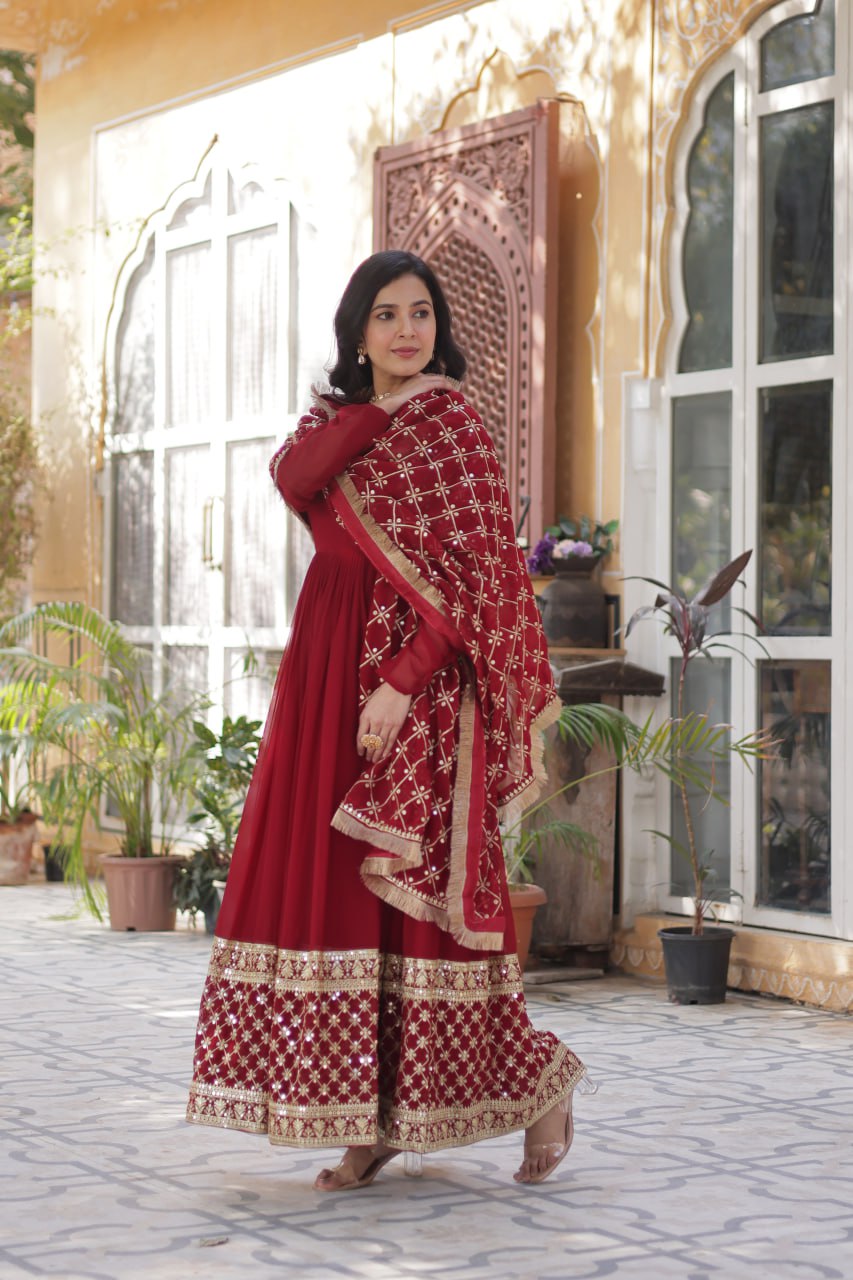 Reception Wear Maroon Color Faux Blooming With Embroidery Zari Sequins Work Designer Gown