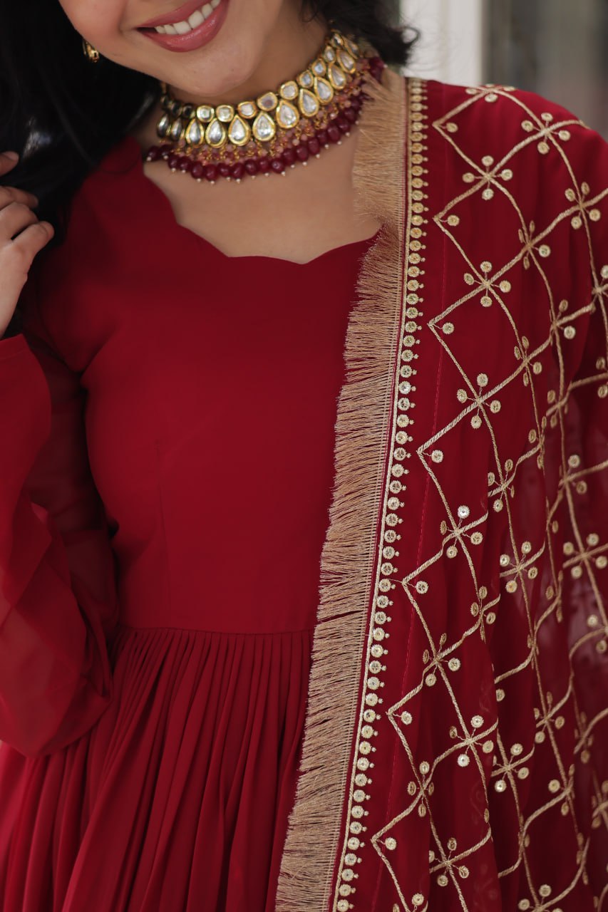 Reception Wear Maroon Color Faux Blooming With Embroidery Zari Sequins Work Designer Gown