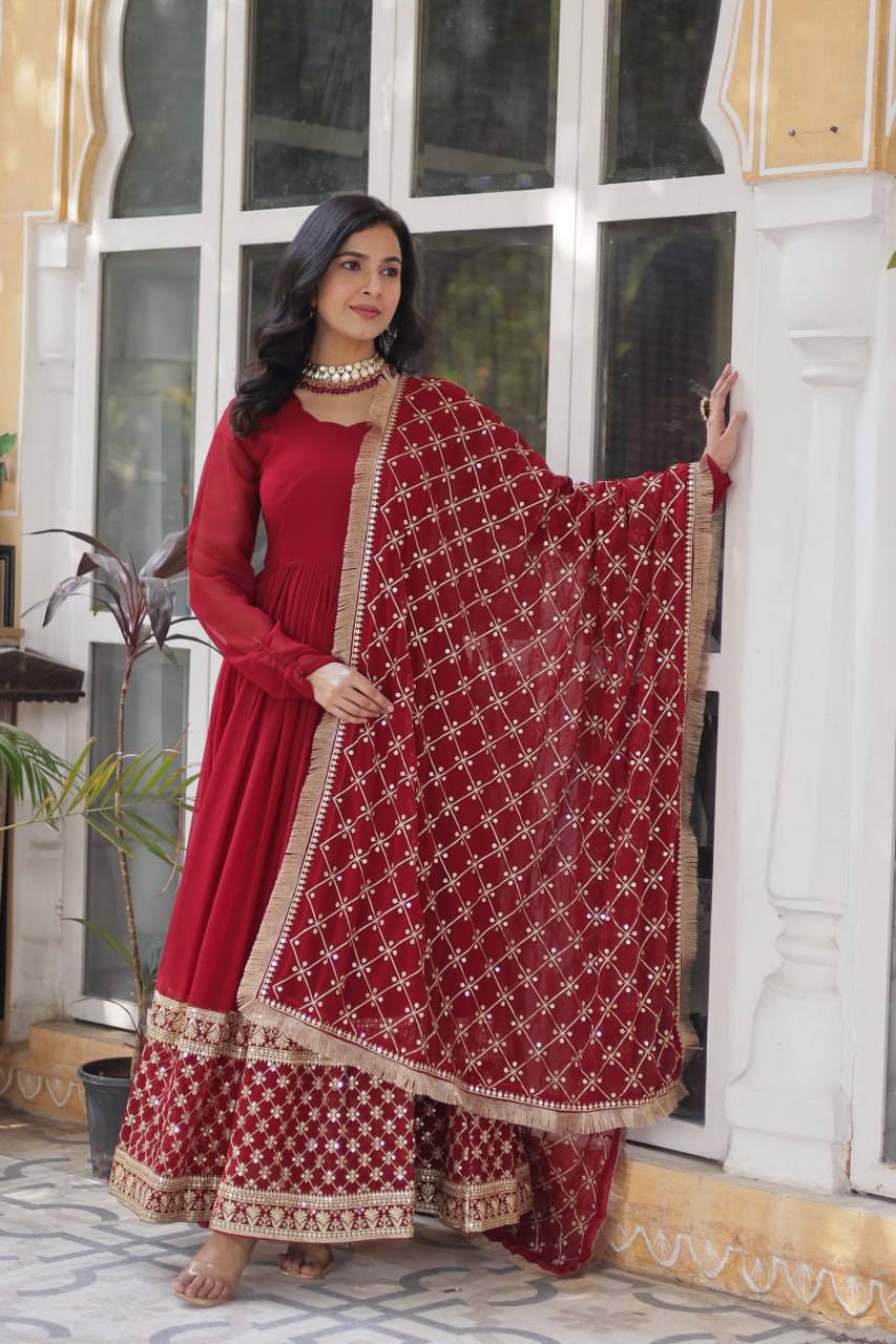 Reception Wear Maroon Color Faux Blooming With Embroidery Zari Sequins Work Designer Gown