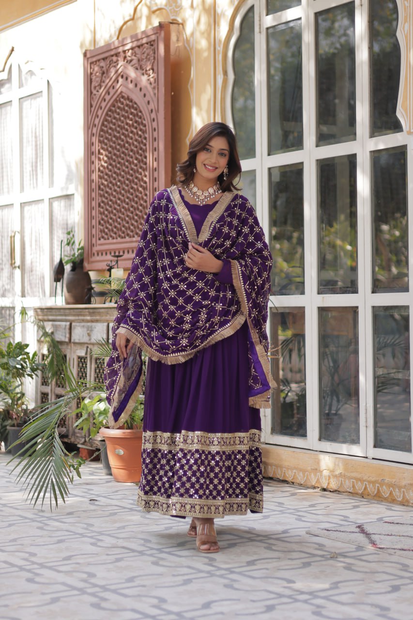 Reception Wear Purple Color Faux Blooming With Embroidery Zari Sequins Work Designer Gown
