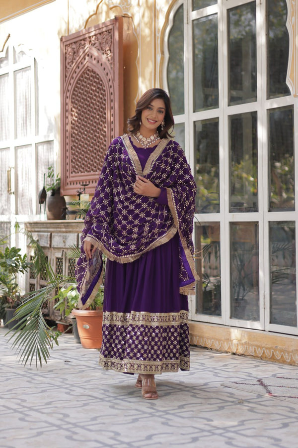 Reception Wear Purple Color Faux Blooming With Embroidery Zari Sequins Work Designer Gown