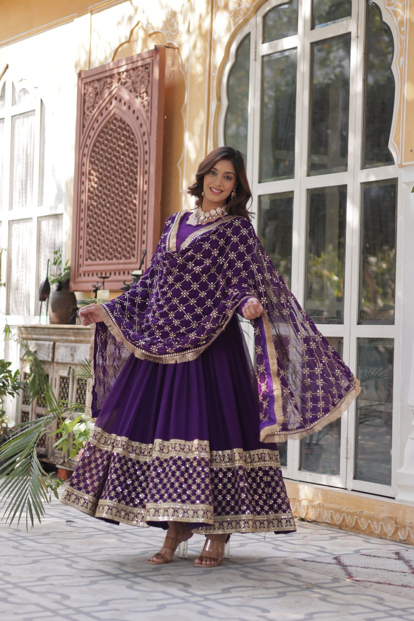 Reception Wear Purple Color Faux Blooming With Embroidery Zari Sequins Work Designer Gown