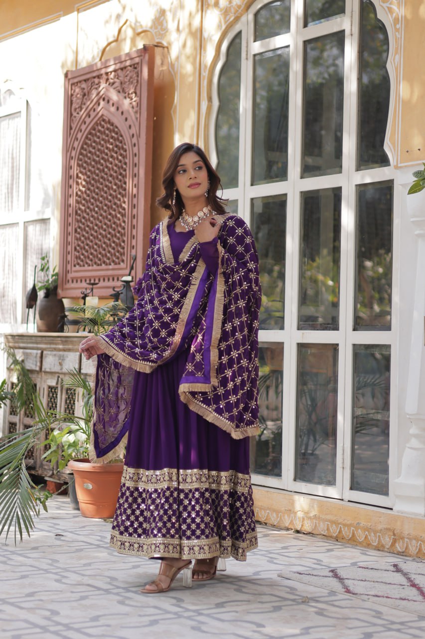 Reception Wear Purple Color Faux Blooming With Embroidery Zari Sequins Work Designer Gown