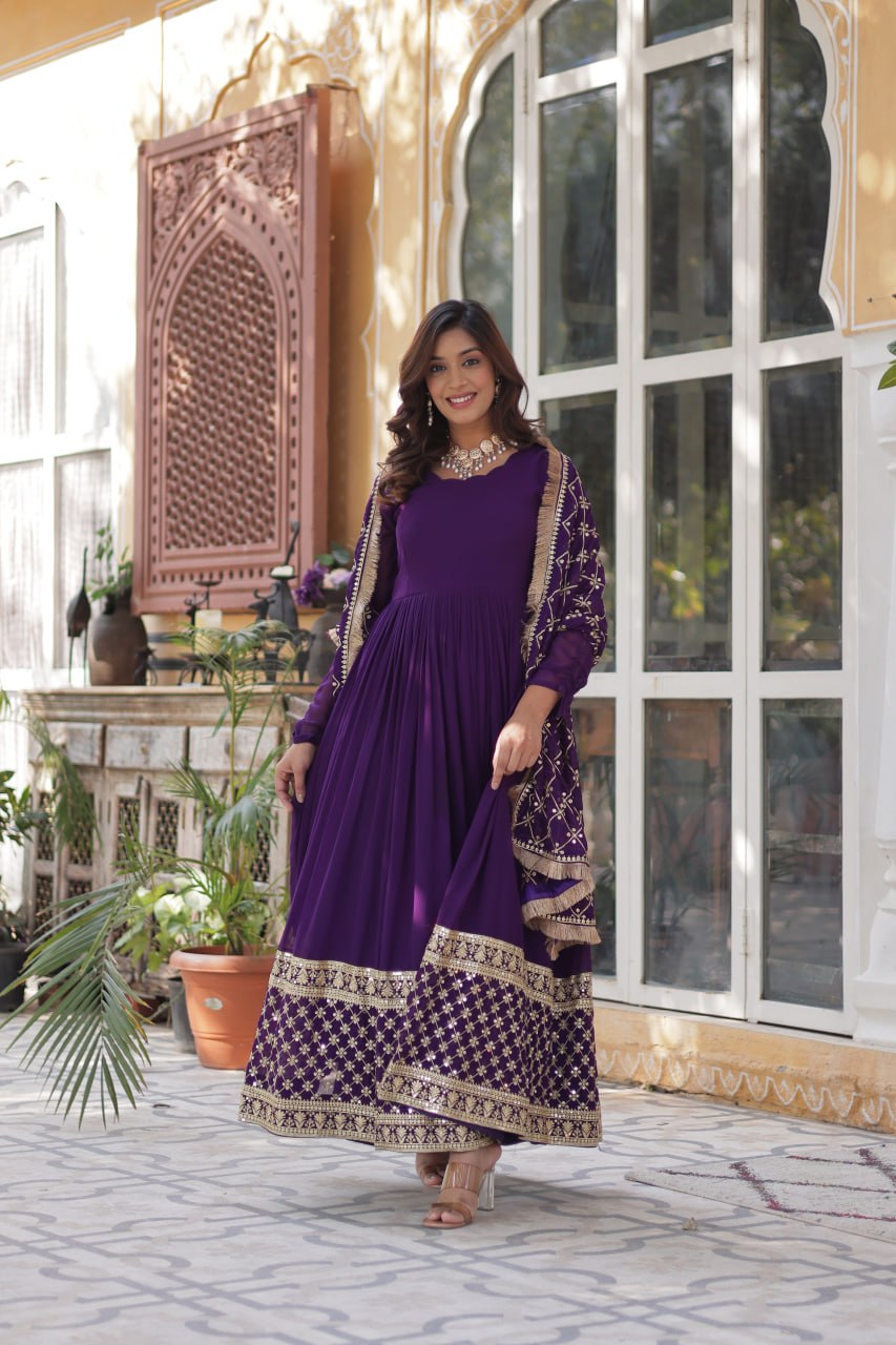 Reception Wear Purple Color Faux Blooming With Embroidery Zari Sequins Work Designer Gown
