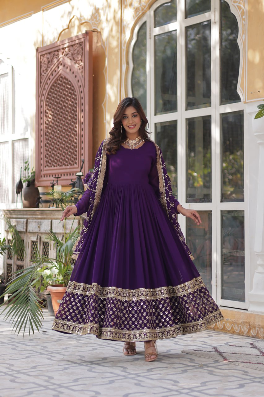 Reception Wear Purple Color Faux Blooming With Embroidery Zari Sequins Work Designer Gown