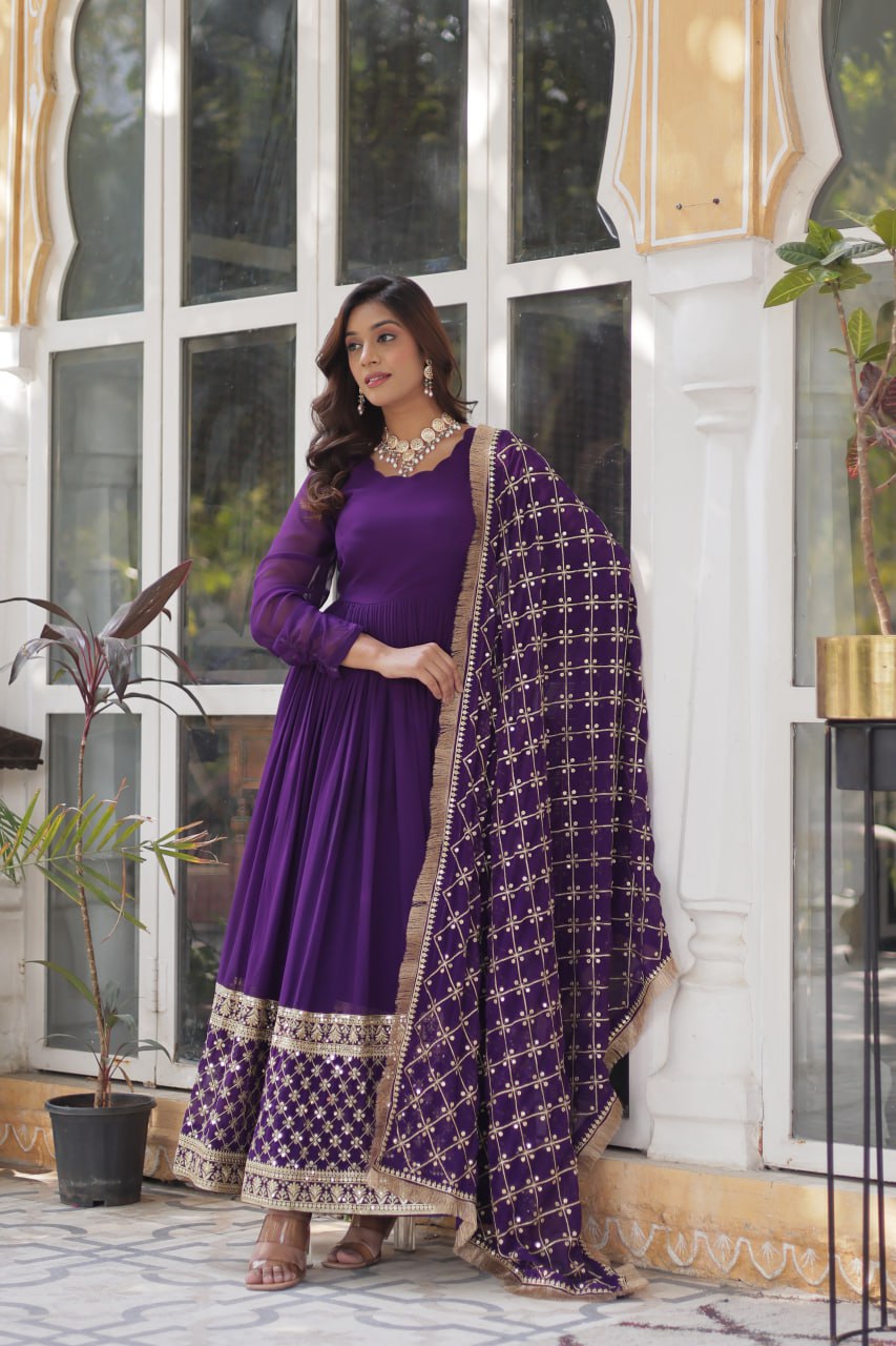 Reception Wear Purple Color Faux Blooming With Embroidery Zari Sequins Work Designer Gown
