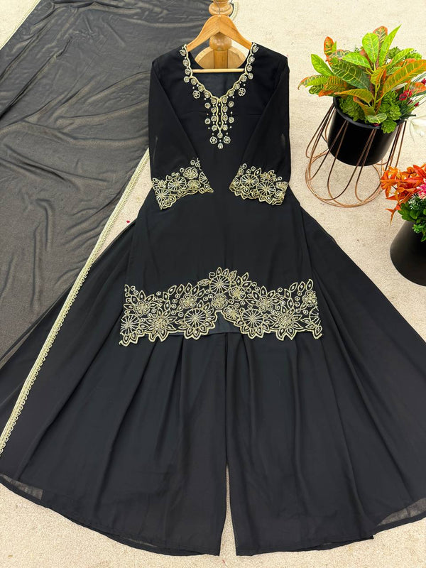 Beautiful Black Color Heavy Faux Georgette With Embroidery Beads Work Palazzo Suit