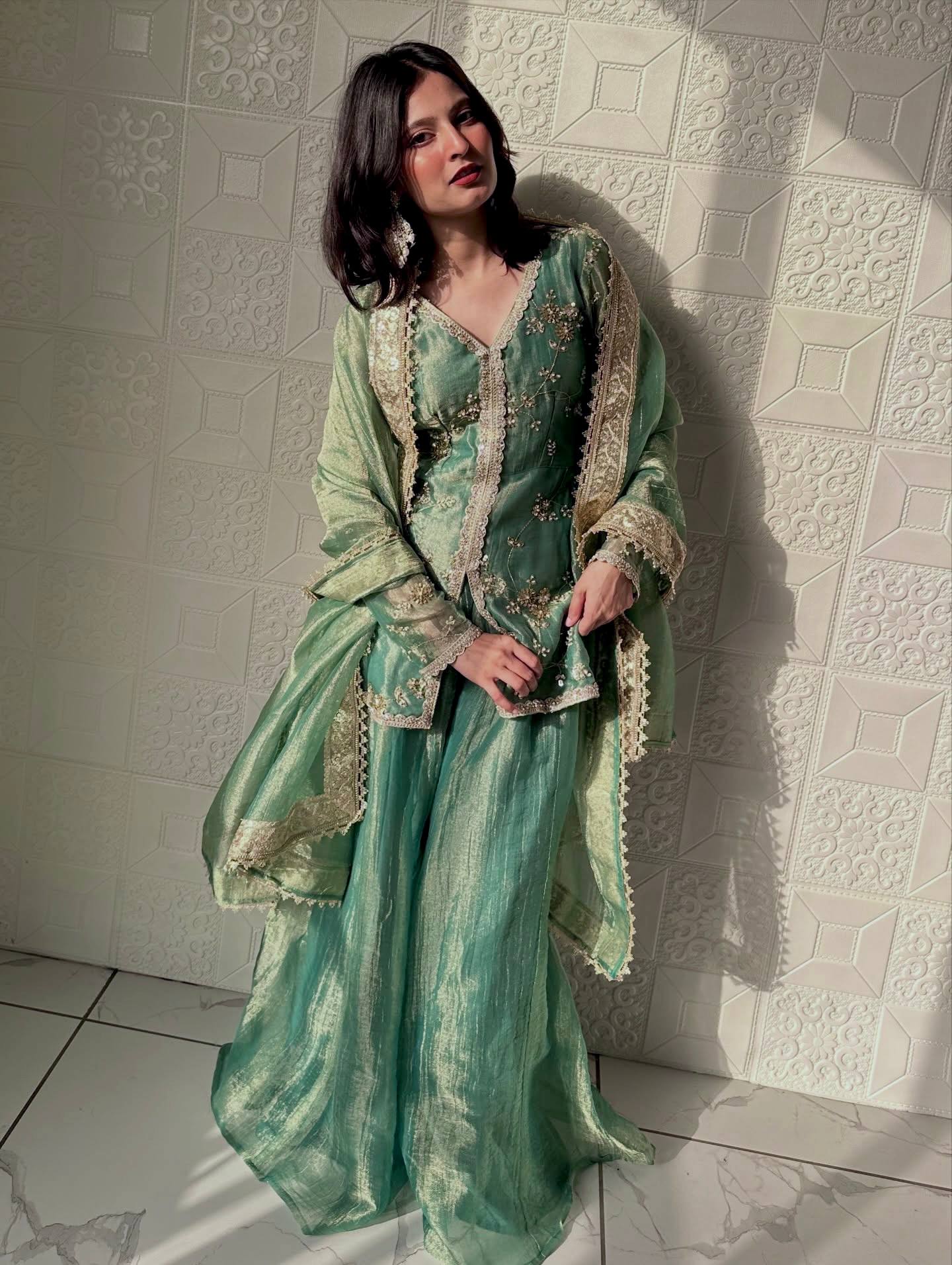 Wedding Wear Light Green Color Fendi Silk Embroidered Palazzo Suit Set –  Vastra Shop