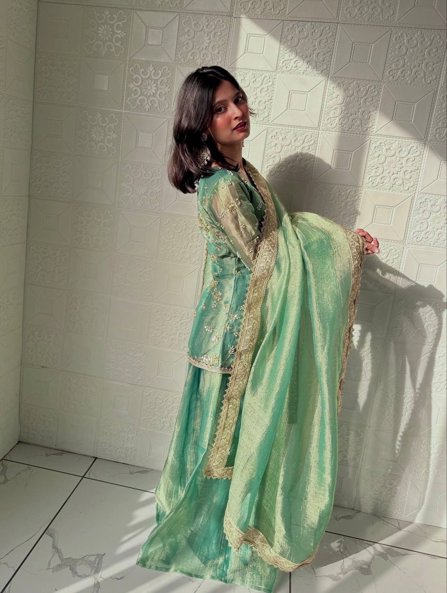 Wedding Wear Light Green Color Fendi Silk Embroidered Palazzo Suit Set –  Vastra Shop