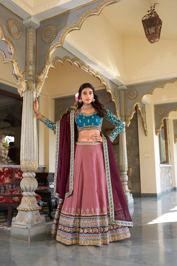 Ravishing Peach Color Moonga Silk With Sequins And Thread Embroidery Work Bridal Wear Lehenga Choli