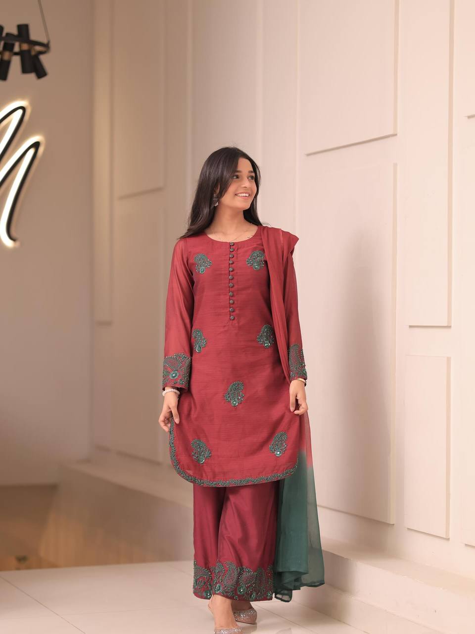 Elegent French Crepe Silk Brown Color Embroidered Kurti Set with Palazzo & Dupatta – Ready to Wear