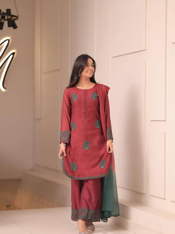 Elegent French Crepe Silk Brown Color Embroidered Kurti Set with Palazzo & Dupatta – Ready to Wear