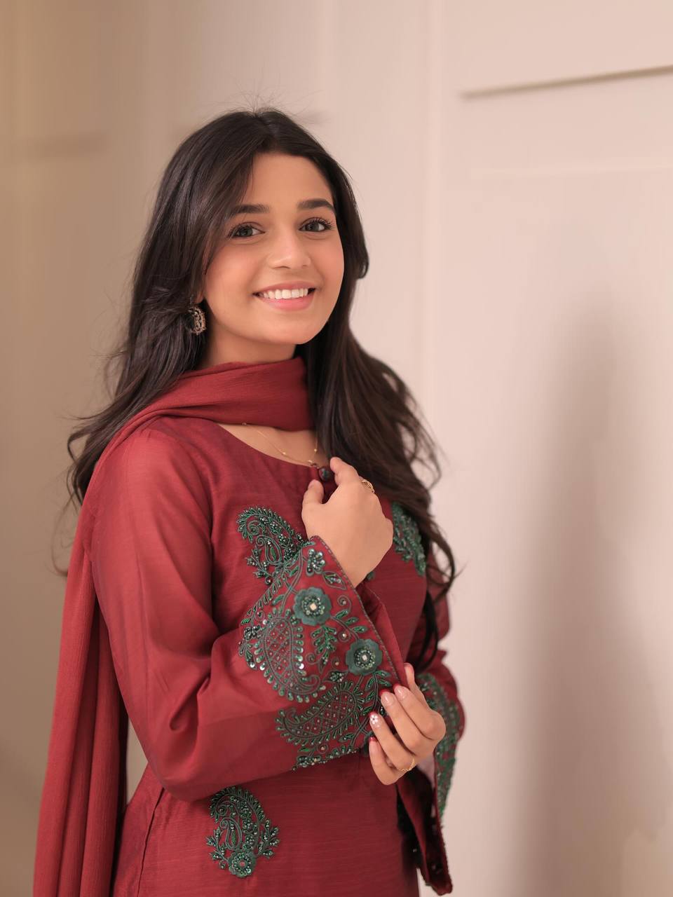 Elegent French Crepe Silk Brown Color Embroidered Kurti Set with Palazzo & Dupatta – Ready to Wear