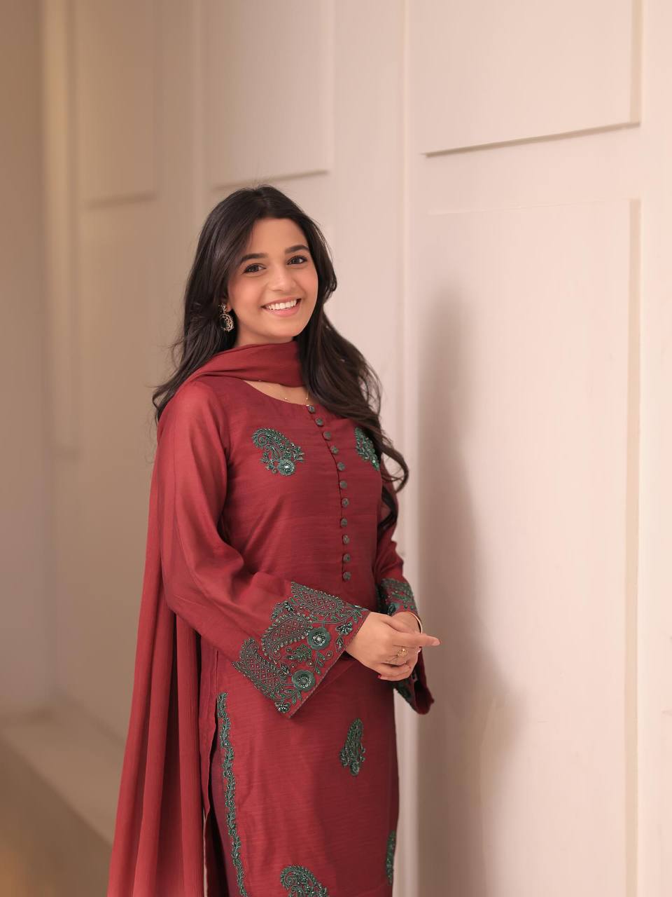 Elegent French Crepe Silk Brown Color Embroidered Kurti Set with Palazzo & Dupatta – Ready to Wear