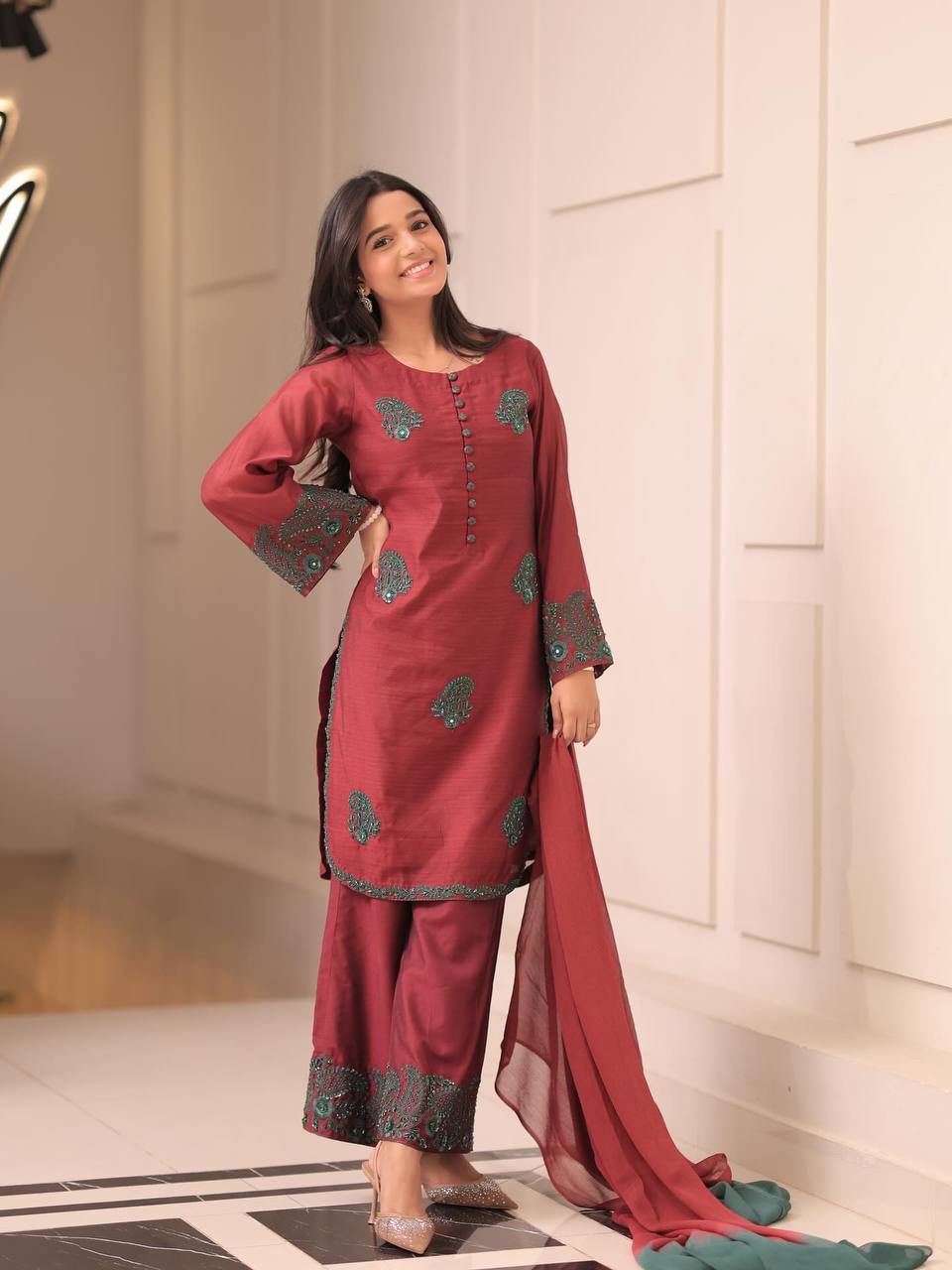 Elegent French Crepe Silk Brown Color Embroidered Kurti Set with Palazzo & Dupatta – Ready to Wear