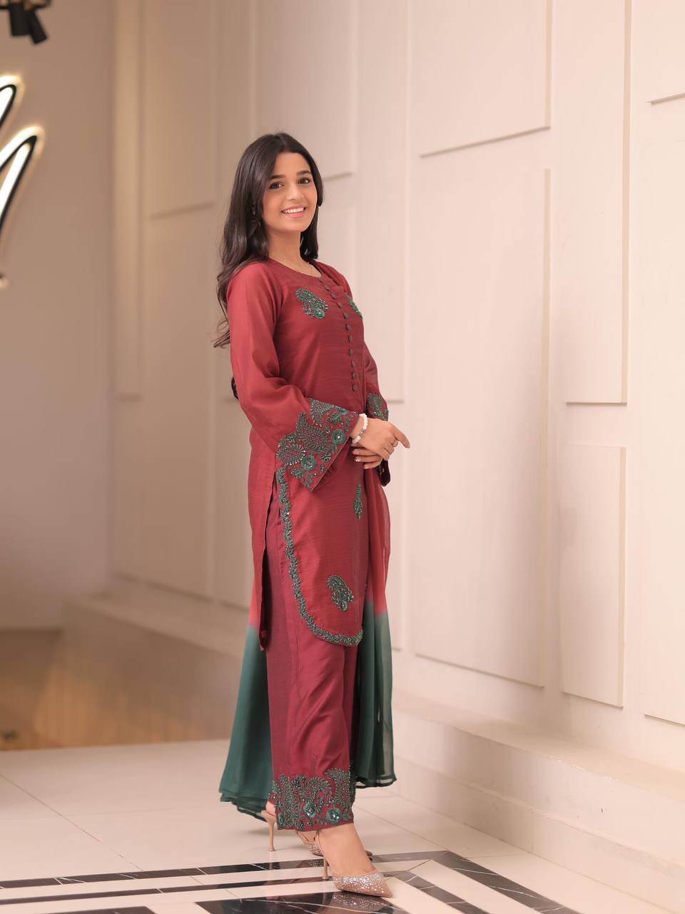 Elegent French Crepe Silk Brown Color Embroidered Kurti Set with Palazzo & Dupatta – Ready to Wear